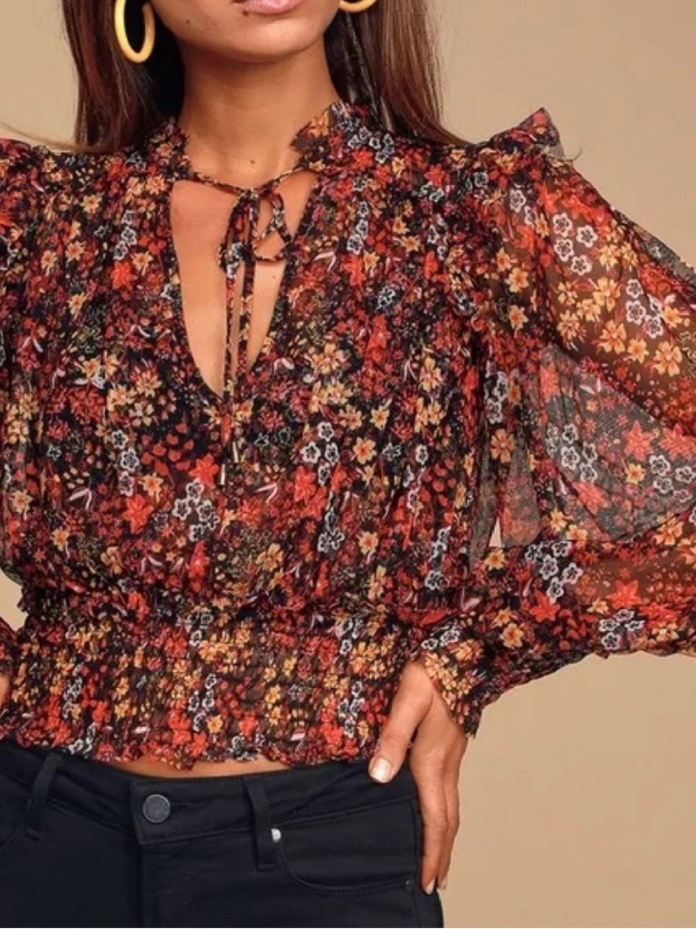 Free People Twyla mesh ditsy floral Printed Top cropped sheer vneck blouse